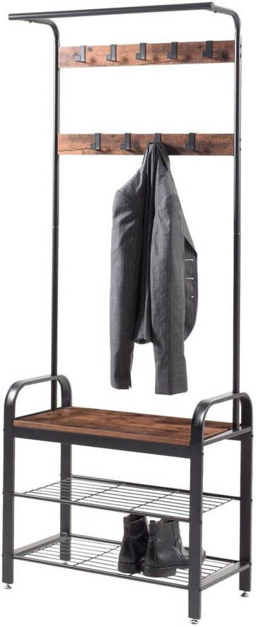 Acaza Staand Garderoberek Met Kapstok, Schoenenrek En Bank Vintage Industrieel Bruin/Zwart